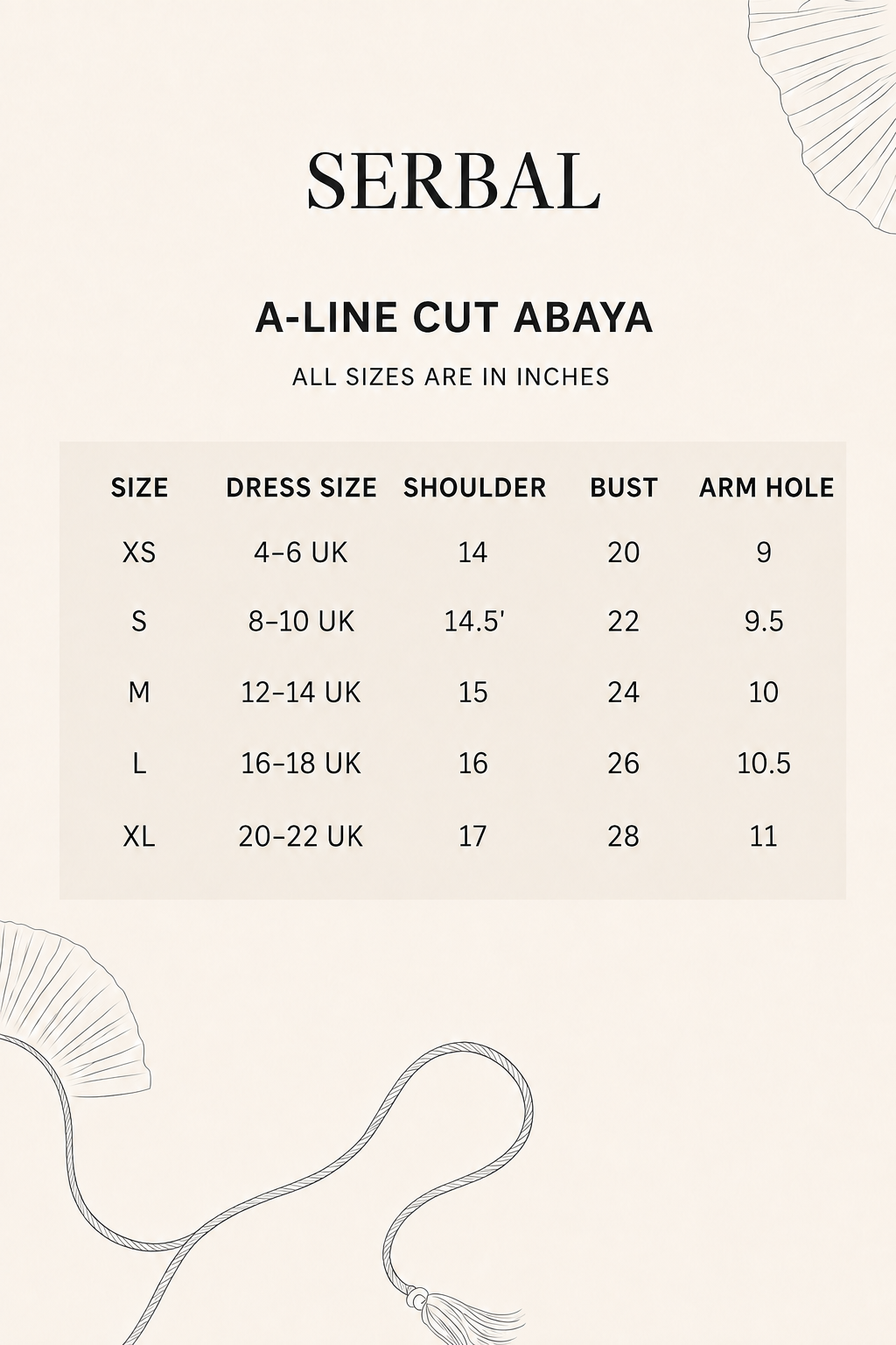 Serbal abaya size chart